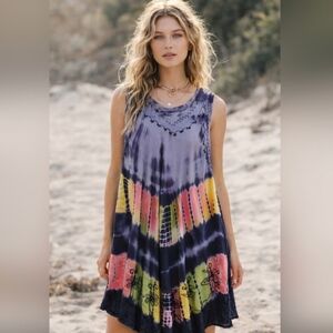 Nwot Boho Tie Dye Embroidered Dress Free Size Flowy Festival Beach Resort